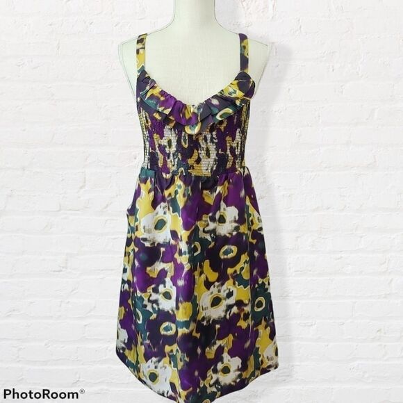 Anthropologie Maeve Giverny Silk Ruffle Smocked abstract watercolor Sundress - Picture 1 of 6
